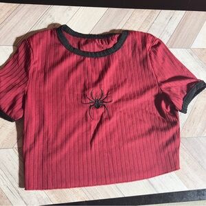 SHEIN Red and Black Spider Embroidered Crop Top